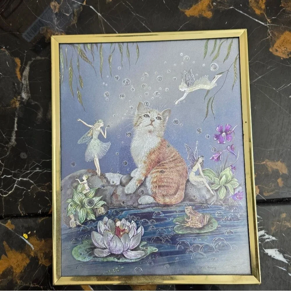Jean Henry Cat and Fairies Dufex Foil Art  Gold Framed Vintage Fantasy